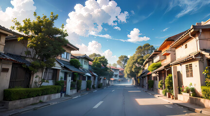Picturesque Village Scene: Vibrant Homes Against a Serene Sky