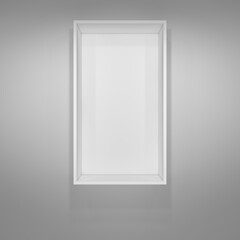 Empty vertical white bookshelf. Grey gradient background. 3D illustration