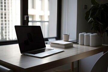 Fototapeta na wymiar Blank laptop screen on desk in home office. Generative AI