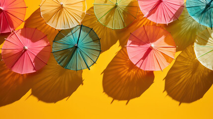 Fototapeta na wymiar Colorful cocktail umbrellas and shadows with yellow background