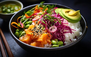 Poke bowl, featuring a variety of fresh diced fish, vibrant vegetables, and a drizzle of flavorful sauce created with Generative AI technology