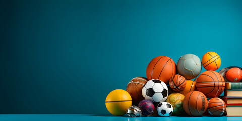 Banner with various sports equipment on blue background with copy space, blank space for text, sport concept, generated ai