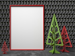 Mock-up red canvas frame, and Christmas trees. 3D render illustration on black triangulated...