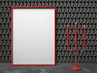 Blank picture frame and red candlestick on black triangulated background. Mock up render...