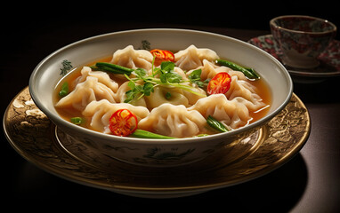 Soup with Dimsums and Vegetables on Ceramic Bowl created with Generative AI technology