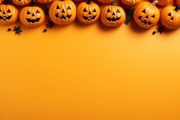 Halloween background with pumpkins on orange background. Copy space.