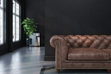Upholstered furniture against the background of a dark wall, plant and loft interior design, sunbeams from a window against a background of dark walls, Dark contemporary waiting room, 3D rendering