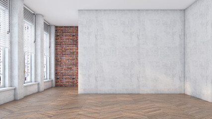 bright wall mockup, 3d render, 3d illustration, White empty minimalist room interior with wooden floor , brick wall and white wall living room, white landscape in window with curtains