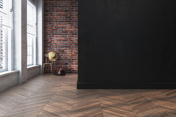 dark wall mock up background , 3D render, Modern interior design for home, office, Interior of living room with brick and dark wall, chair mock up on wood floor in empty interior background