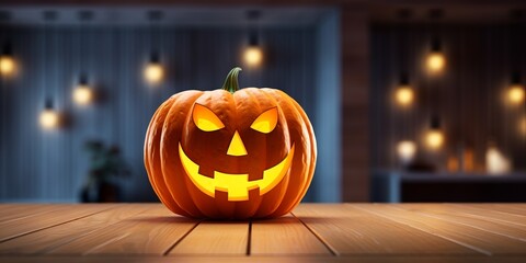 Halloween pumpkin on wooden table with copy space. 3d rendering