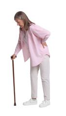 Senior woman with walking cane suffering from back pain on white background