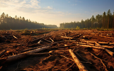 A barren landscape where a once-thriving forest stood, showcasing the devastating effects of deforestation created with Generative AI technology