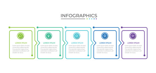 Process business infographic thin line with square template design with icons and 5 options or steps.
