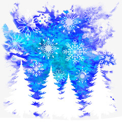 Christmas Background, Holiday Symbols, Fir Trees and Snowflakes White Contours on Blue Hand-Draw...