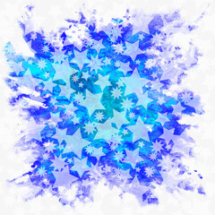 Christmas Holiday Pattern, Stars Blue and White Silhouettes on Hand-Draw Watercolor Painting Background