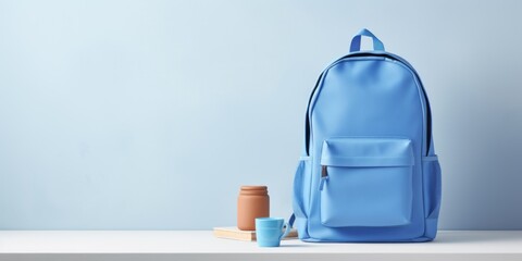 Blue backpack and coffee cup on white table. 3d rendering.