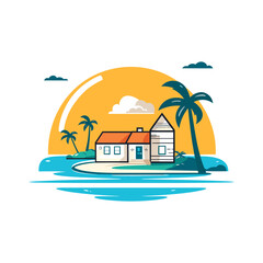 Obraz premium Beach house on a tropical island. Flat style vector illustration