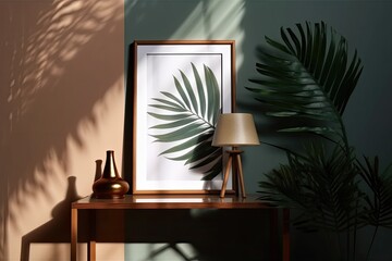 Background of a rectangular frame with a palm leaf shadow at a table next to a wall is available for your projects to be shown. combined drawing and leaf picture. Generative AI