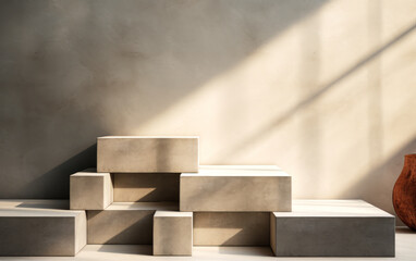 3 square step concrete podiums basking in sunlight, casting shadows on a gray cement corner wall in a loft-style setting. Perfect for presenting modern luxury beauty, cosmetic products