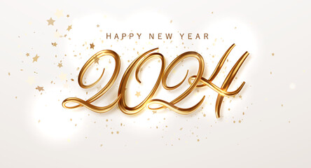 Happy new year 2024 golden numbers with on white background. Banner for christmas - obrazy, fototapety, plakaty