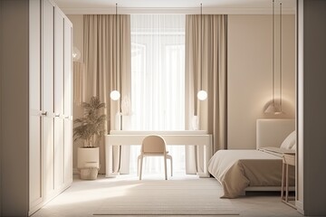 Bright bedroom with a vertical poster with a backlight on a white wall next to a beige closet, sconces, and bedside tables beside the window with beige drapes. Generative AI