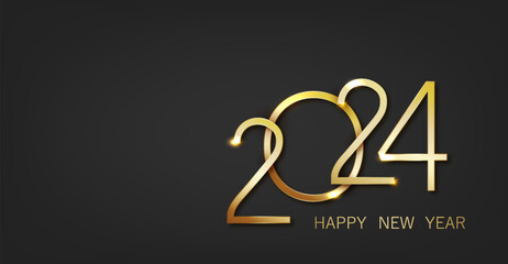 Golden 2024 New Year number on black background. Holiday luxury greeting card. Vector illustration for design, invitation, calendar, etc