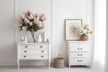 Close to the room's white wall, a chest of drawers has a vase of hyacinth flowers and a blank photo frame. Generative AI