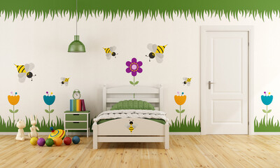 White child bedroom with single bed,closed door and colorful decoration - 3d rendering