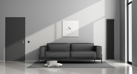 Minimalist living room with black sofa and closed door - 3d rendering