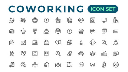 Fototapeta na wymiar Coworking Service Vector Icons Set Collection. Coworking space office thin line icons set. Editable vector icon.