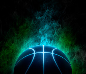 basketball with bright blue glowing neon lines on the color smoke background