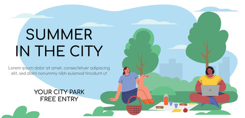 Web banner concept. Summer in the city. Proplr rest in the park, talking with friends, relaxing atmosphere. Two girls in picnic talking and working. Flat style. Vector illustration