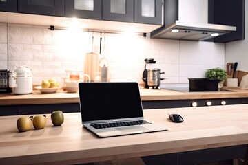 Blank screen laptop on hardwood tabletop with blurry modern kitchen background. Concept of a product display. Generative AI