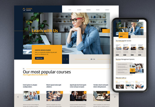 One Page Website Layout for Courses with Blue and Yellow Accents