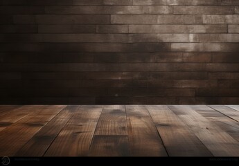 Wooden table top on brick wall background. For product display.