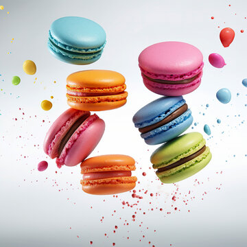 close up of four macaroons falling 
