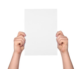 Woman holding sheet of paper on white background, closeup. Mockup for design