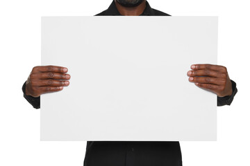 African American man holding sheet of paper on white background, closeup. Mockup for design