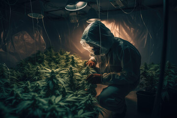 Man working in a plant for cbd production. AI generative