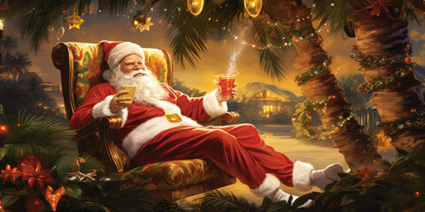 Tropical Christmas Retreat. A tropical Christmas scene with Santa Claus lounging. Holiday relaxation in a paradise setting concept. AI Generative