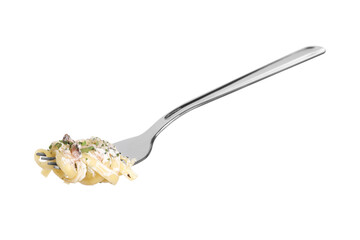 Fork with tasty pasta isolated on white