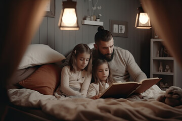 Fototapeta na wymiar Man reading a book with his daughters at home. AI generative