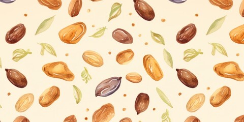 Organic Dried Date Fruit Background, Horizontal Watercolor Illustration. Healthy Vegetarian Energy Snack. Ai Generated Soft Colored Watercolor Illustration with Delicious Chewy Dried Date Fruit.
