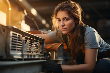 Young female mechanic repairing industrial appliance. AI generative
