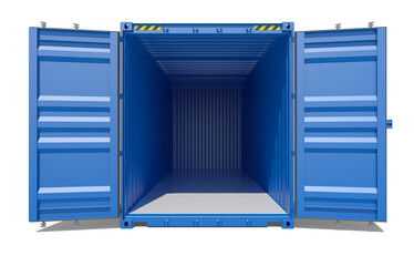 3d rendering of blue open shipping container. Front view. Isolated on white