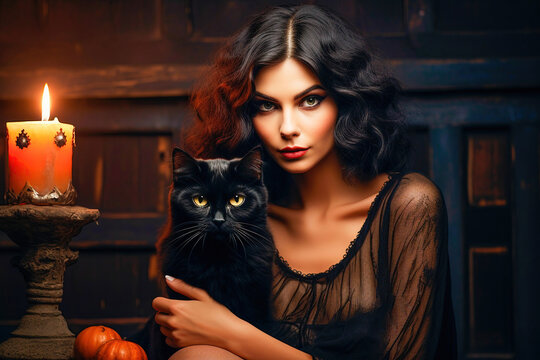 Mysterious and attractive woman with a black cat and a pumpkin on Halloween night