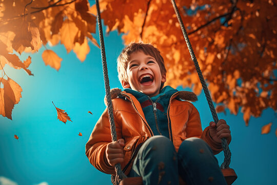 Little boy having fun on a swing on an autumn day - Powered by Adobe
