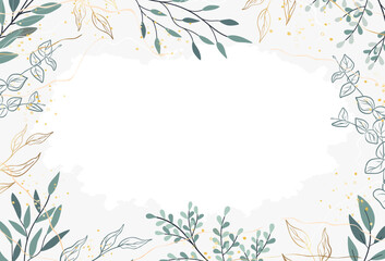 Abstract botanical background with tree branches and leaves in line art. Green and golden leaf, brush, line, splash of paint. Design vector illustration for invitation card, wallpaper, cover, banner
