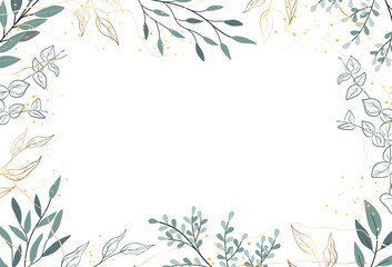 Abstract botanical background with tree branches and leaves in line art. Green and golden leaf, brush, line, splash of paint. Design vector illustration for invitation card, wallpaper, cover, banner