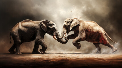 An elephant and donkey face off in a wrestling match, their strength and spirit clashing. © Exuberation 